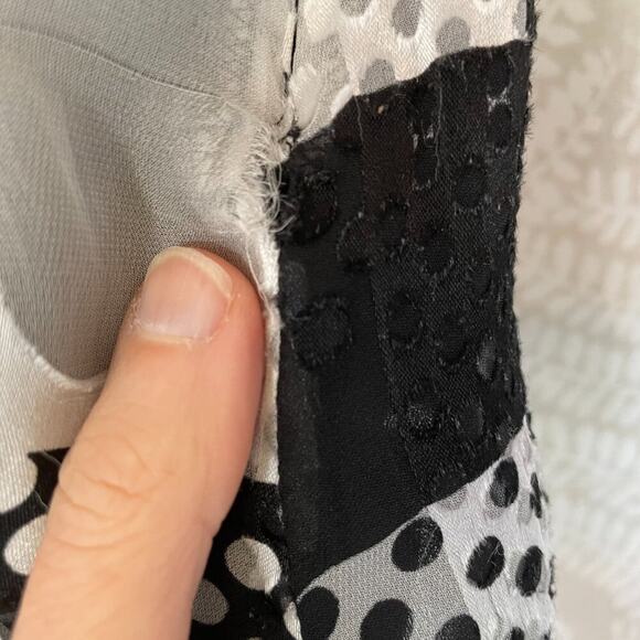 Monsoon Silk Blend Sleeveless Blouse Black & White Patchwork, Tie Neck, Size 6 - Picture 11 of 12